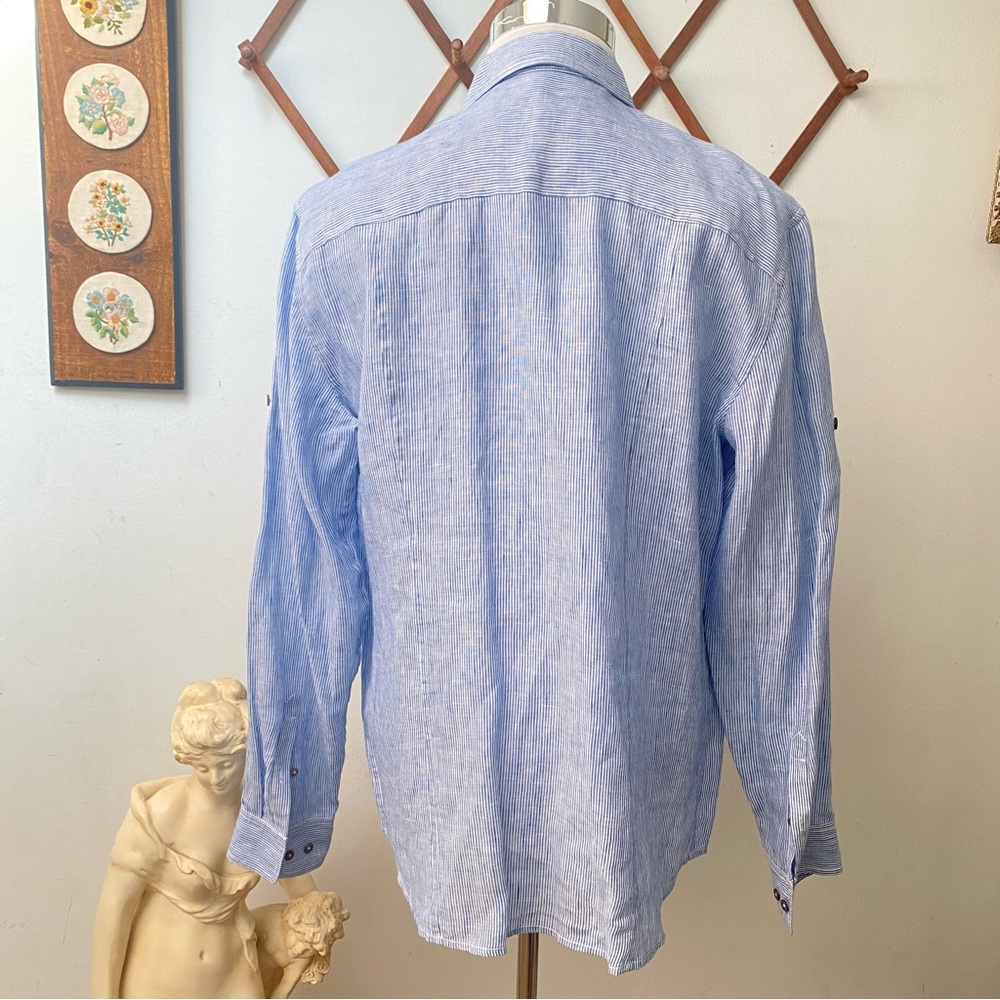 Elie Tahari Linen Pinstriped Button Up Shirt With Pockets - Picture 5 of 16